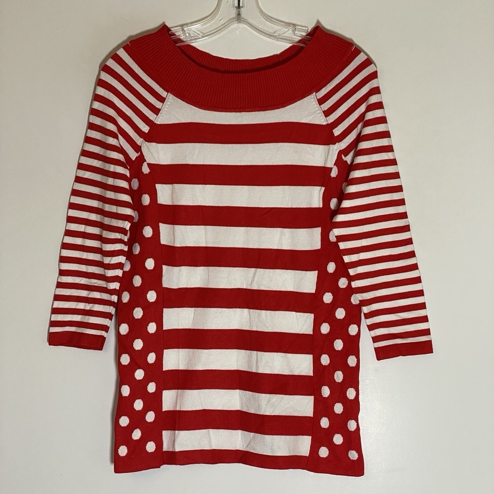 Kim Rogers Top Womens Small Red White Striped Polka Dot Ribbed Neck Casual Comfy